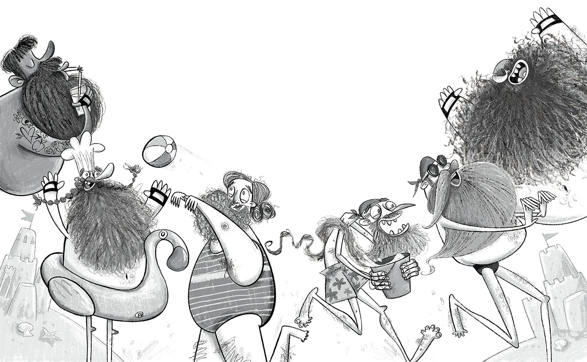 Hairy Skulls on the beach - double page spread illustration by Dotty Sutton for The Notwitches