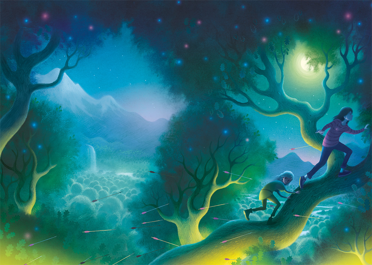 Illustration by Richard Johnson of two children running through a forest in the dark, with arrows shooting past them 