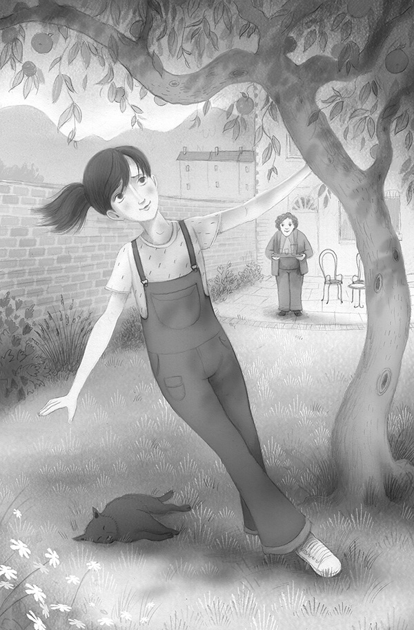 Illustration by Richard Johnson of a girl near a tree with a black cat nearby and an elderly woman in the backgroung holding a tray of refreshments