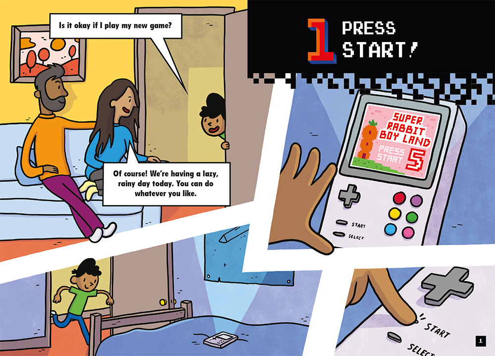 First spread from Thomas Flintham's Press Start! Super Rabbit Boy Vs. The Gigabot of child asking their parents if they can play a new video game and then we see them 'Press Start' on the game