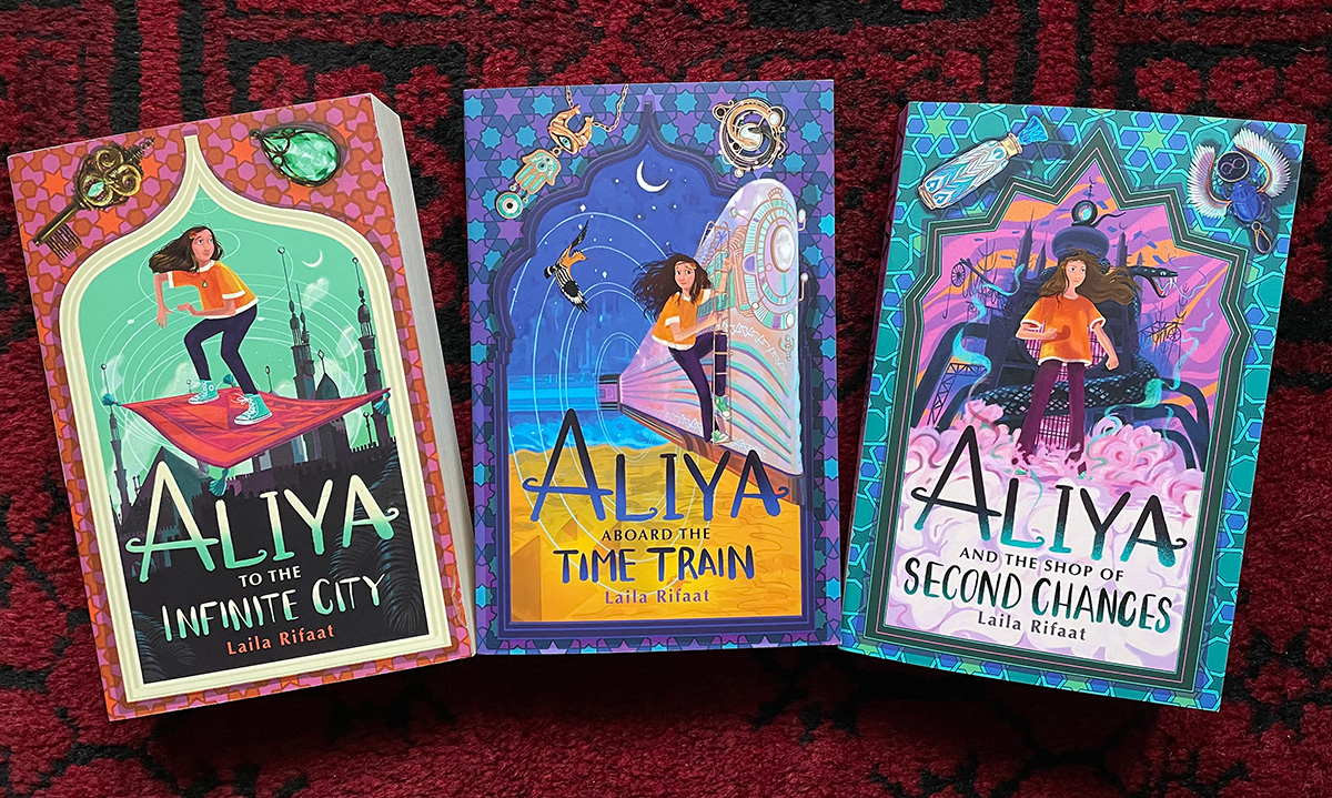 Three beautifully illustrated book covers from the Aliya series, each with a bold color scheme and magical elements, forming a cohesive and eye-catching design set.