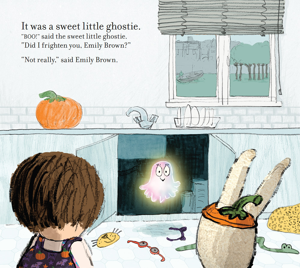 Emily Brown and Stanley in a kitchen with a ghost under the sink