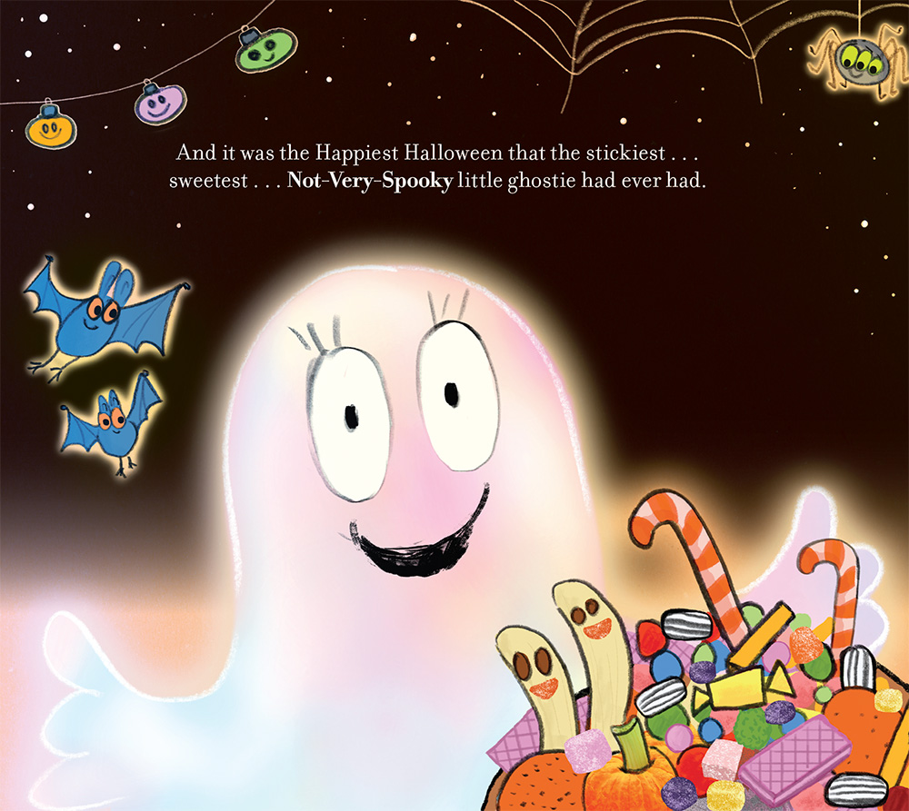 Happy Ghostie with sweets and smiling bats
