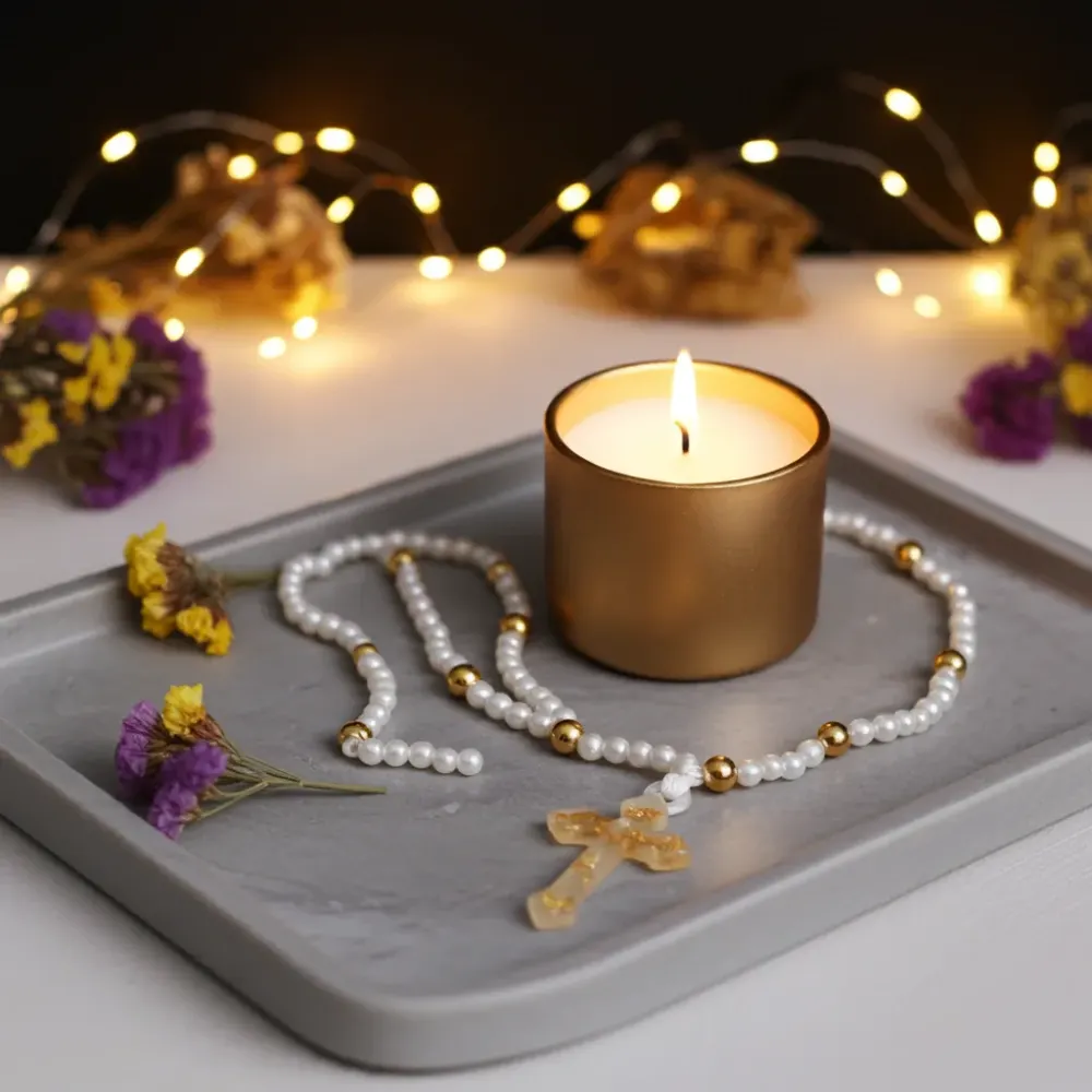 Resin Catholic Cross Car Hanging with Gold Flakes and Beads String - Inspirational Car Ornament for Faith & Guidance