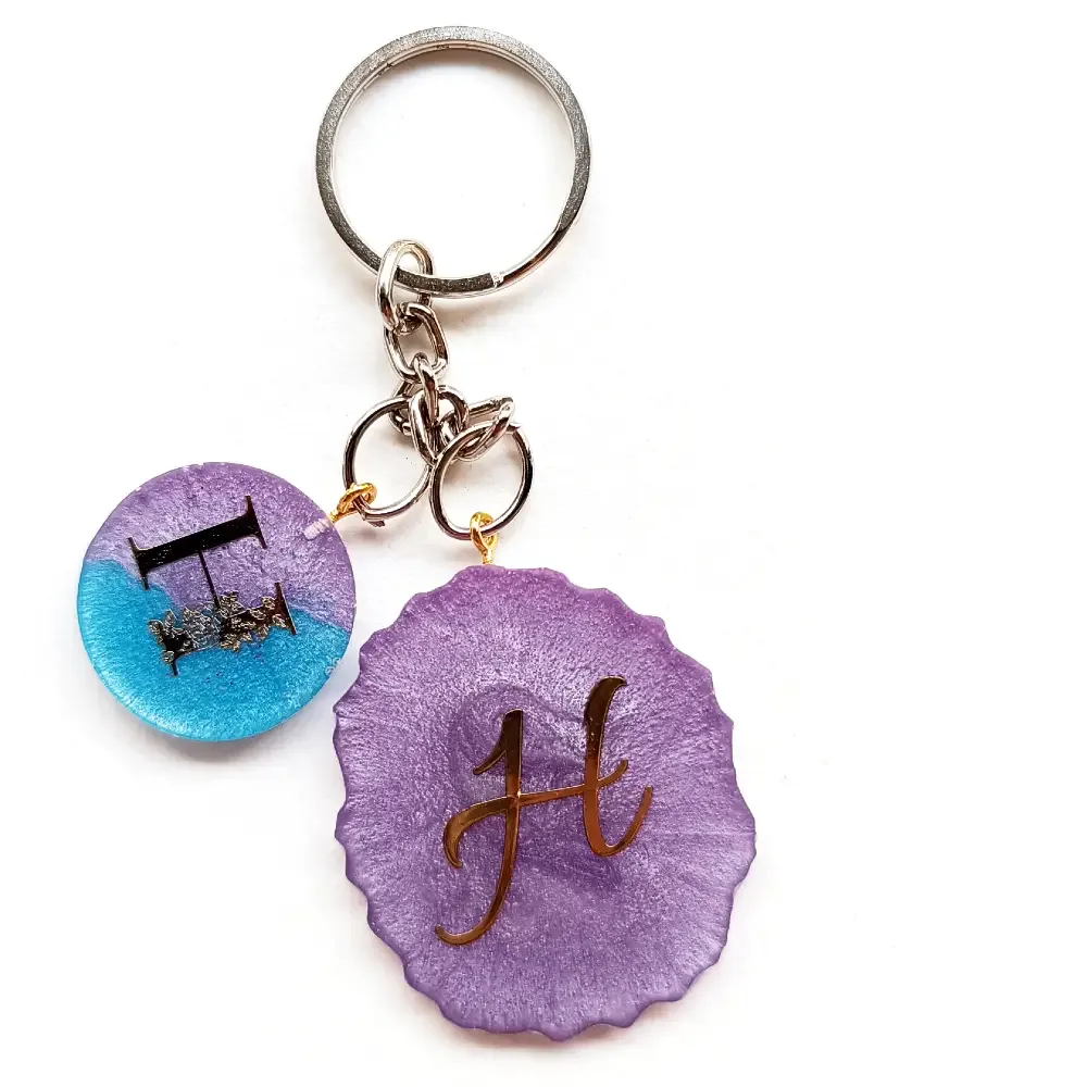 Resin Alphabet keychain, Purple Color keychain With Acrylic Sticker - Best Gift Ideas