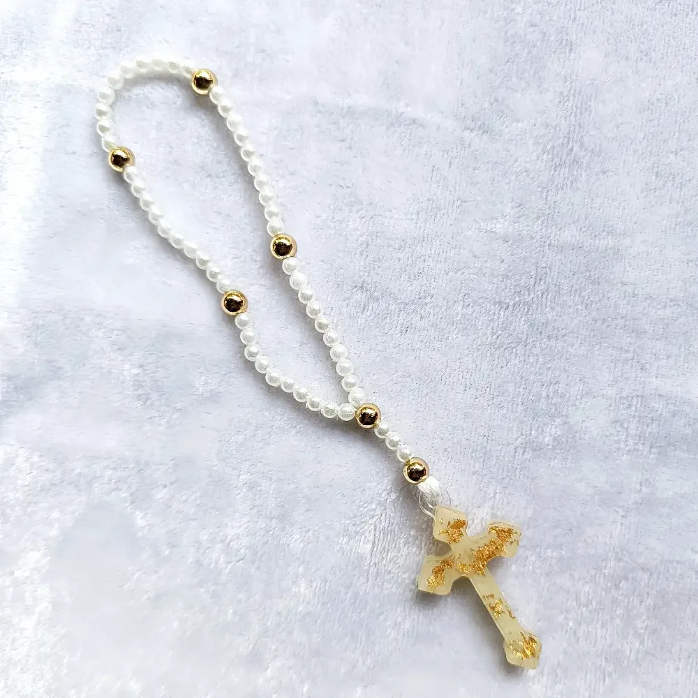 Resin Catholic Cross Car Hanging with Gold Flakes and Beads String - Inspirational Car Ornament for Faith & Guidance