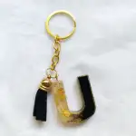 Black and Gold Foil Design Resin Alphabet Initial Letter Keychain, Key Ring for Men, Women, Girls Purse and Handbags