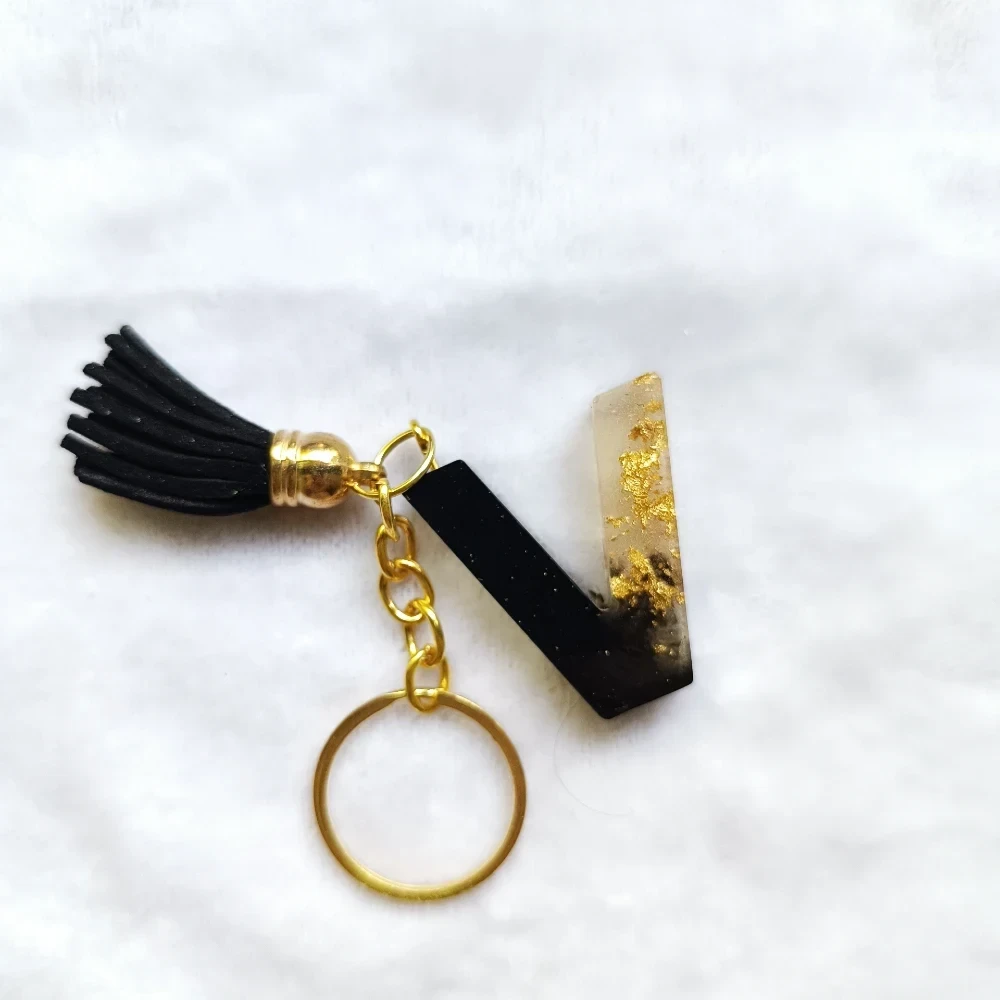 Handmade Black and Gold Flakes Resin and Craft Resin Alphabet Letter Keychain For Boys and Girls, Resin Key Chain For Purse