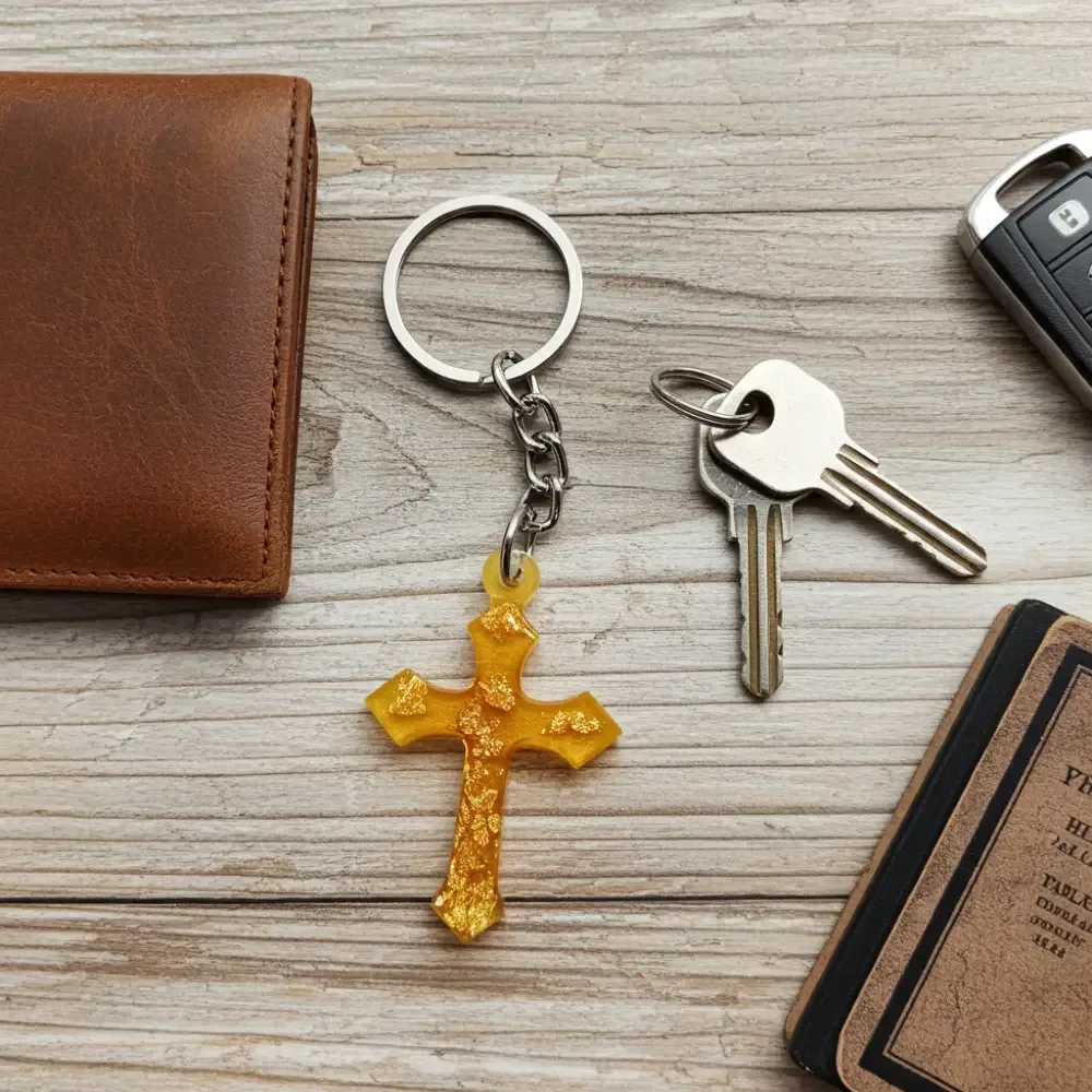 Handmade Resin Rosary Gold Flakes Keychain, Resin Cross Keyring