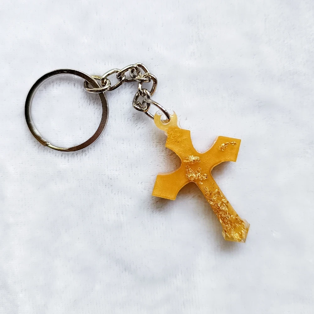 Handmade Resin Rosary Gold Flakes Keychain, Resin Cross Keyring