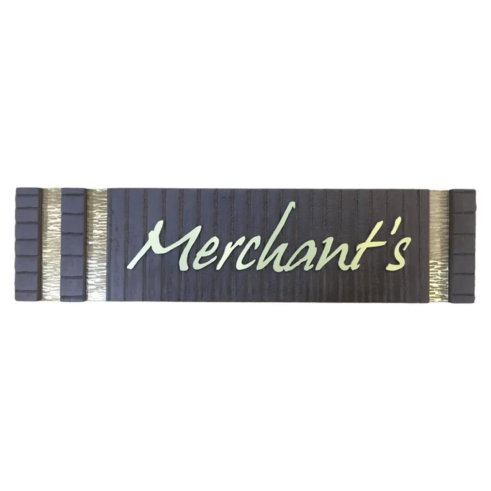 Personalized Wooden Name Plate, Sleeper Wood Base with Brass Stripes, Aluminium Letters, Hand Painted, PU Polished