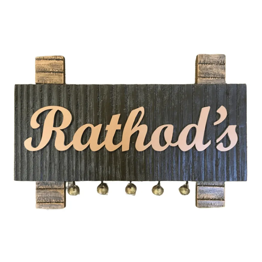 Customisable Wooden Nameplate with Brass Ghungroos, Copper Shade Aluminium Letters, Hand Painted, PU Polished, 12x7 Inches