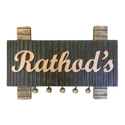 Customisable Wooden Nameplate with Brass Ghungroos, Copper Shade Aluminium Letters, Hand Painted, PU Polished, 12x7 Inches