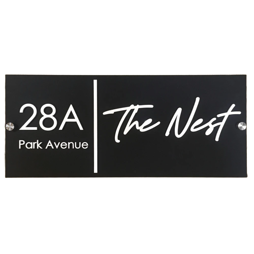 Customisable House Name and Number Sign, Matte Black Acrylic Base, White Acrylic Letters, Stainless Steel Mirror Caps, 30 x 15 cm