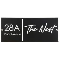 Customisable House Name and Number Sign, Matte Black Acrylic Base, White Acrylic Letters, Stainless Steel Mirror Caps, 30 x 15 cm