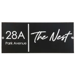 Customisable House Name and Number Sign, Matte Black Acrylic Base, White Acrylic Letters, Stainless Steel Mirror Caps, 30 x 15 cm