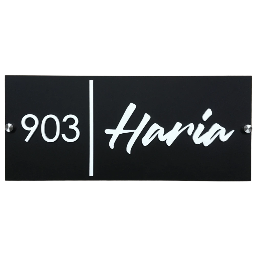 Custom House Name Plate with Number, Black Matte Acrylic Base, White 3D Letters, Stainless Steel Mirror Caps, 30 x 15 cm