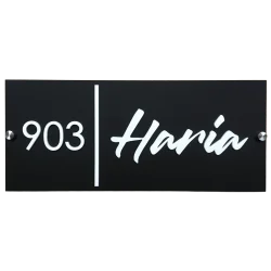 Custom House Name Plate with Number, Black Matte Acrylic Base, White 3D Letters, Stainless Steel Mirror Caps, 30 x 15 cm
