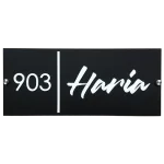 Custom House Name Plate with Number, Black Matte Acrylic Base, White 3D Letters, Stainless Steel Mirror Caps, 30 x 15 cm