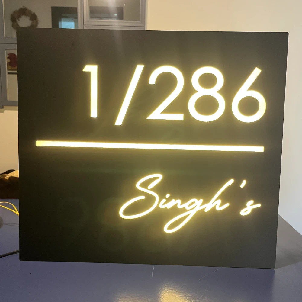 Personalised LED Illuminated House Name Plate, Matte Black Acrylic, Custom Name and Number Sign, 45.7 x 40.6 cm