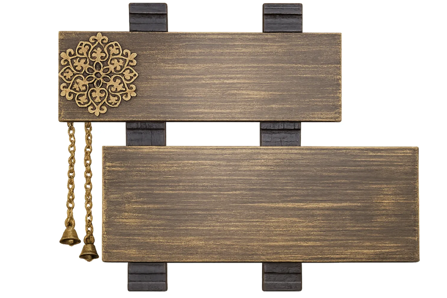 Customisable Wooden House Name Plate with Brass Bells and Chain, MDF Letters, Hand Painted, PU Polished, 16x14 Inches