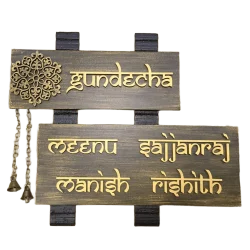 Customisable Wooden House Name Plate with Brass Bells and Chain, MDF Letters, Hand Painted, PU Polished, 16x14 Inches