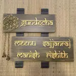 Customisable Wooden House Name Plate with Brass Bells and Chain, MDF Letters, Hand Painted, PU Polished, 16x14 Inches