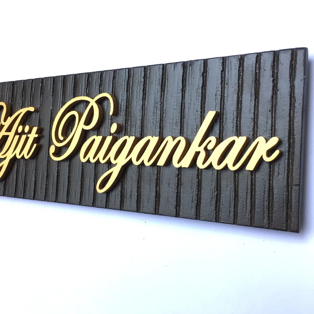 Customisable Wooden Name Plate, Black and Gold, Sleeper Wood Base with MDF Letters, Hand Painted, PU Polished, Swastik Symbol, 50x12 cm