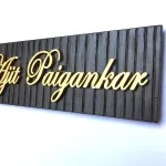 Customisable Wooden Name Plate, Black and Gold, Sleeper Wood Base with MDF Letters, Hand Painted, PU Polished, Swastik Symbol, 50x12 cm
