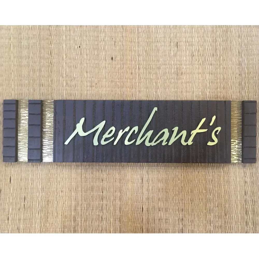 Personalized Wooden Name Plate, Sleeper Wood Base with Brass Stripes, Aluminium Letters, Hand Painted, PU Polished
