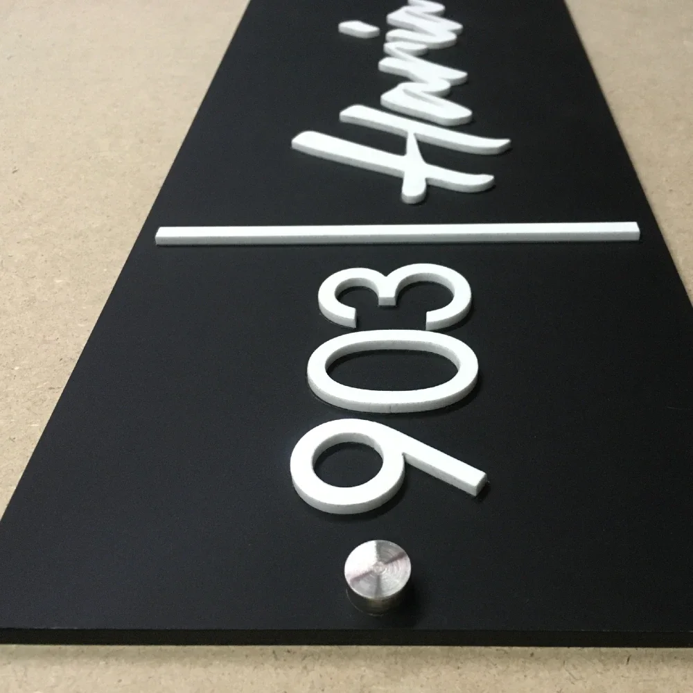 Custom House Name Plate with Number, Black Matte Acrylic Base, White 3D Letters, Stainless Steel Mirror Caps, 30 x 15 cm