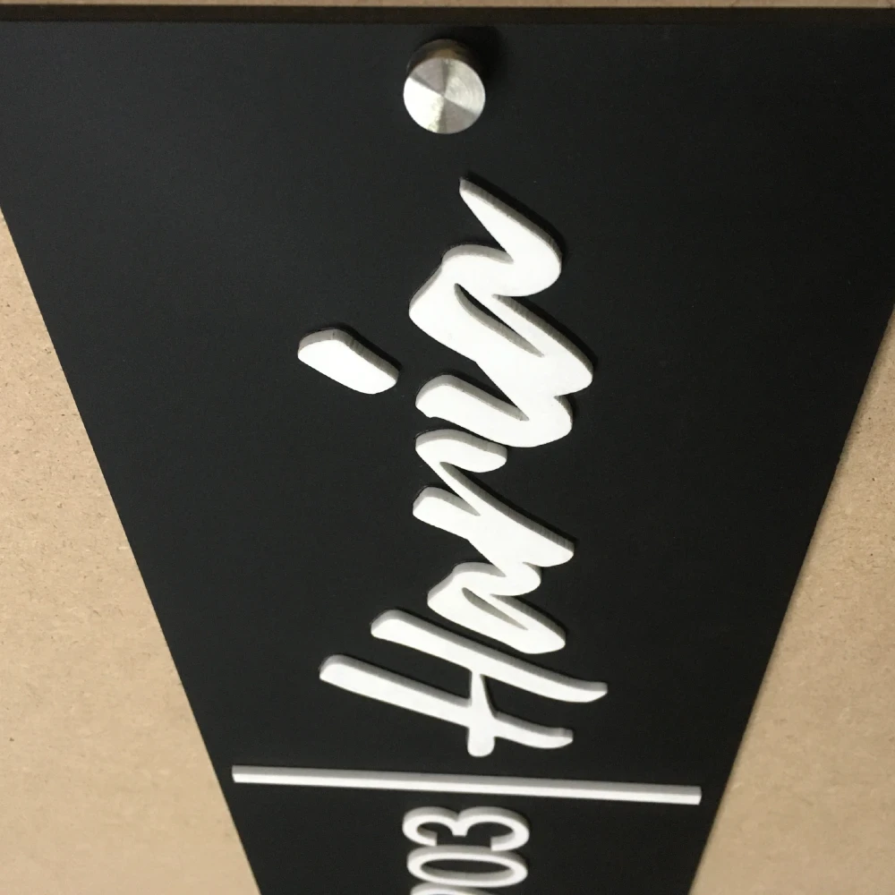 Custom House Name Plate with Number, Black Matte Acrylic Base, White 3D Letters, Stainless Steel Mirror Caps, 30 x 15 cm