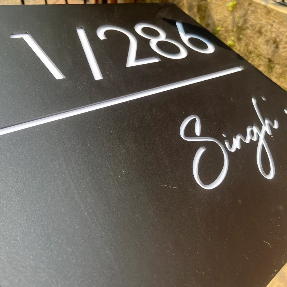 Personalised LED Illuminated House Name Plate, Matte Black Acrylic, Custom Name and Number Sign, 45.7 x 40.6 cm
