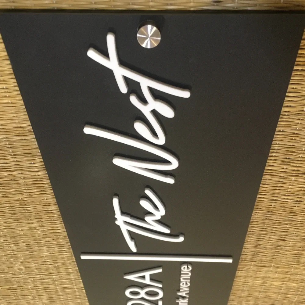 Customisable House Name and Number Sign, Matte Black Acrylic Base, White Acrylic Letters, Stainless Steel Mirror Caps, 30 x 15 cm
