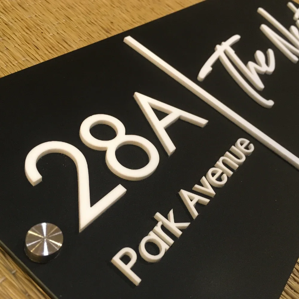 Customisable House Name and Number Sign, Matte Black Acrylic Base, White Acrylic Letters, Stainless Steel Mirror Caps, 30 x 15 cm