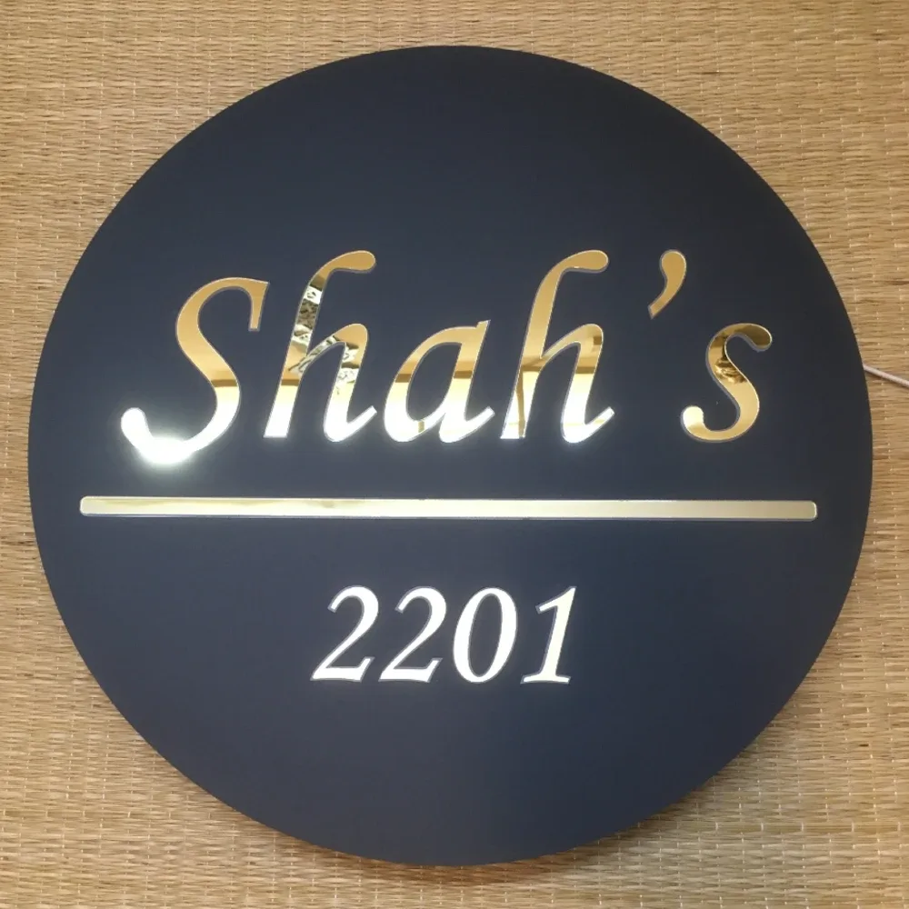 Personalised 14 Inch Round LED Acrylic Name Plate with LED Backlight | Gold Mirror Lettering, Built-in LED Strip, Matt Black Acrylic, Wall Mounted, Personalised Name & Number