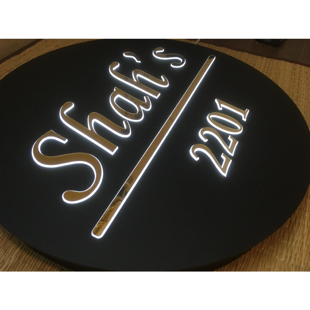Personalised 14 Inch Round LED Acrylic Name Plate with LED Backlight | Gold Mirror Lettering, Built-in LED Strip, Matt Black Acrylic, Wall Mounted, Personalised Name & Number