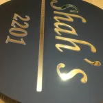 Personalised 14 Inch Round LED Acrylic Name Plate with LED Backlight | Gold Mirror Lettering, Built-in LED Strip, Matt Black Acrylic, Wall Mounted, Personalised Name & Number
