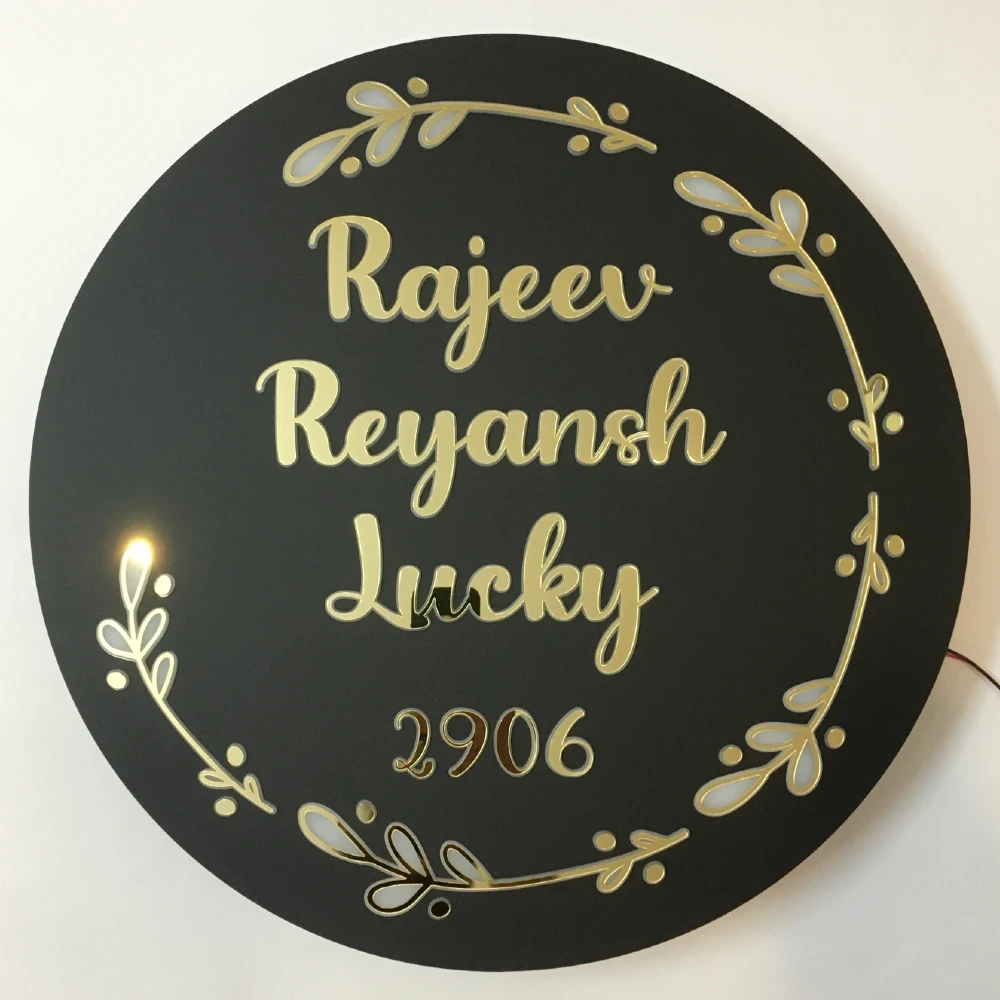 Customisable LED Backlit Round Name Plate with Floral Design, 16 Inch