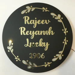 Customisable LED Backlit Round Name Plate with Floral Design, 16 Inch
