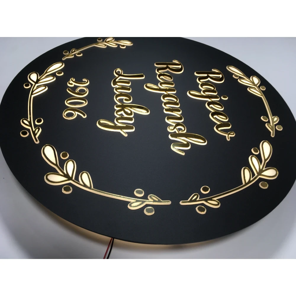 Customisable LED Backlit Round Name Plate with Floral Design, 16 Inch