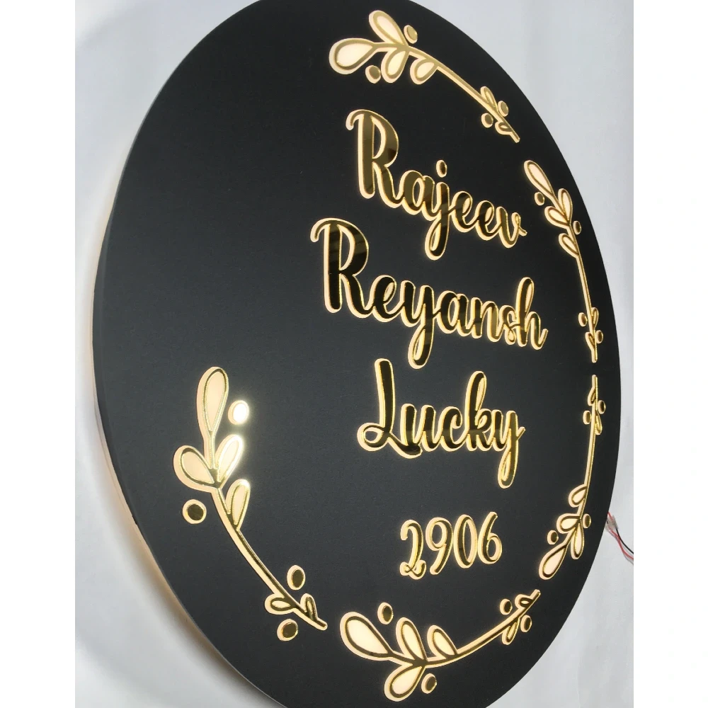 Customisable LED Backlit Round Name Plate with Floral Design, 16 Inch