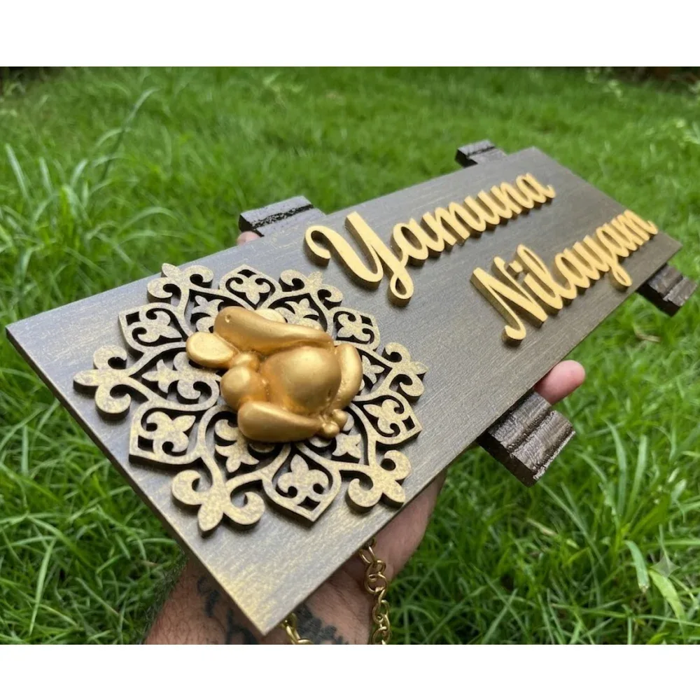 Wooden Nameplate with Ganesha Motif, Brass Chain & Bells, 14x7 in