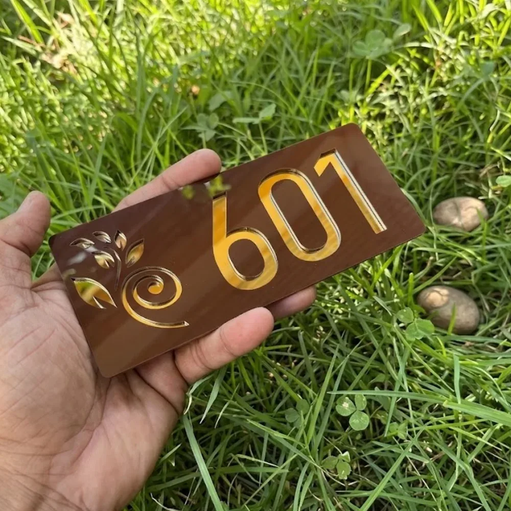 Brown and Gold Mirror Acrylic House Number Plate 7x3 In