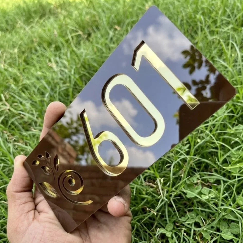 Brown and Gold Mirror Acrylic House Number Plate 7x3 In