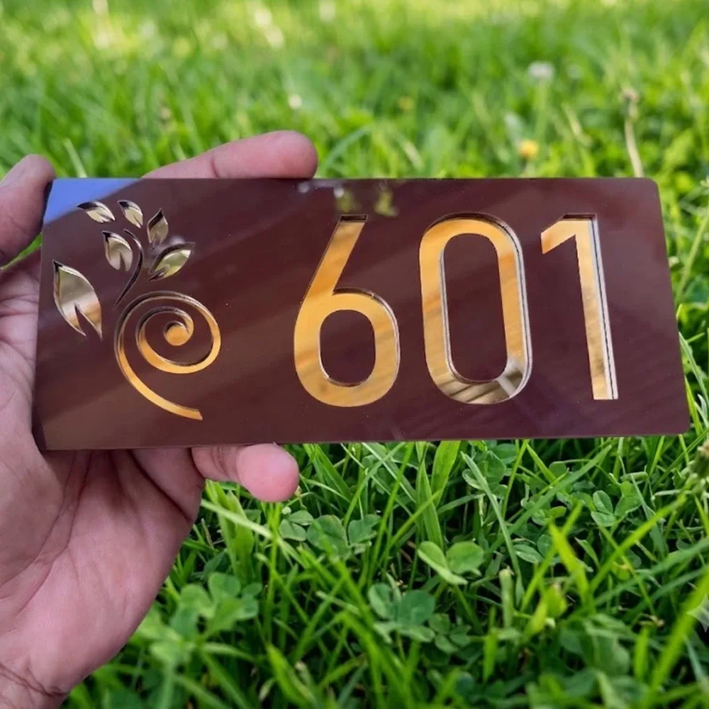 Brown and Gold Mirror Acrylic House Number Plate 7x3 In
