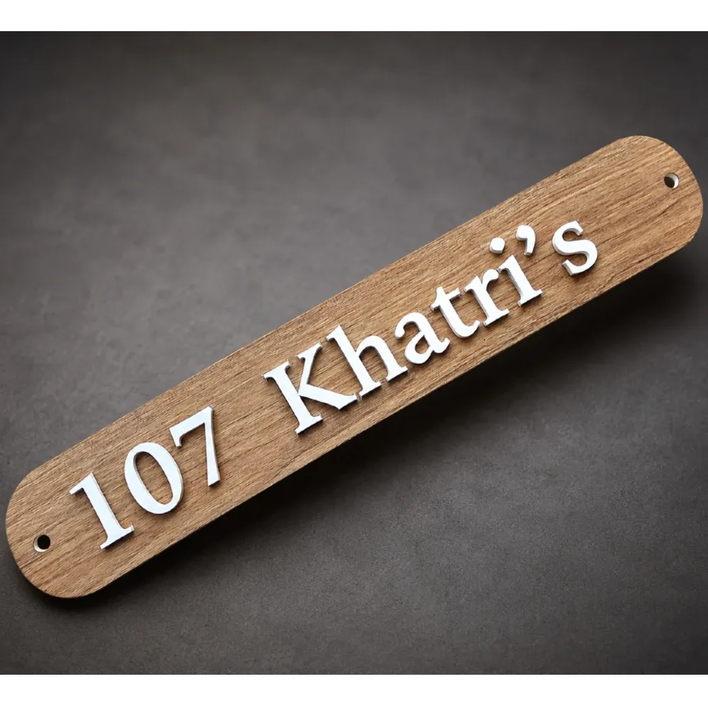 Personalised Wooden Finish Acrylic House Name Plate with Vinyl Letters 30 x 5 cm