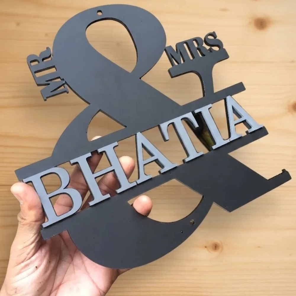 Mr & Mrs Personalised Acrylic Name Sign, 30 x 30 cm | 5mm Mat Black Acrylic, 3mm Grey Letters, Wall Mountable, Couples Name Sign, Ampersand Design