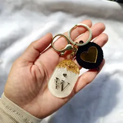 Custom Alphabet Resin Keychain with Black Heart Charm and Gold Foil