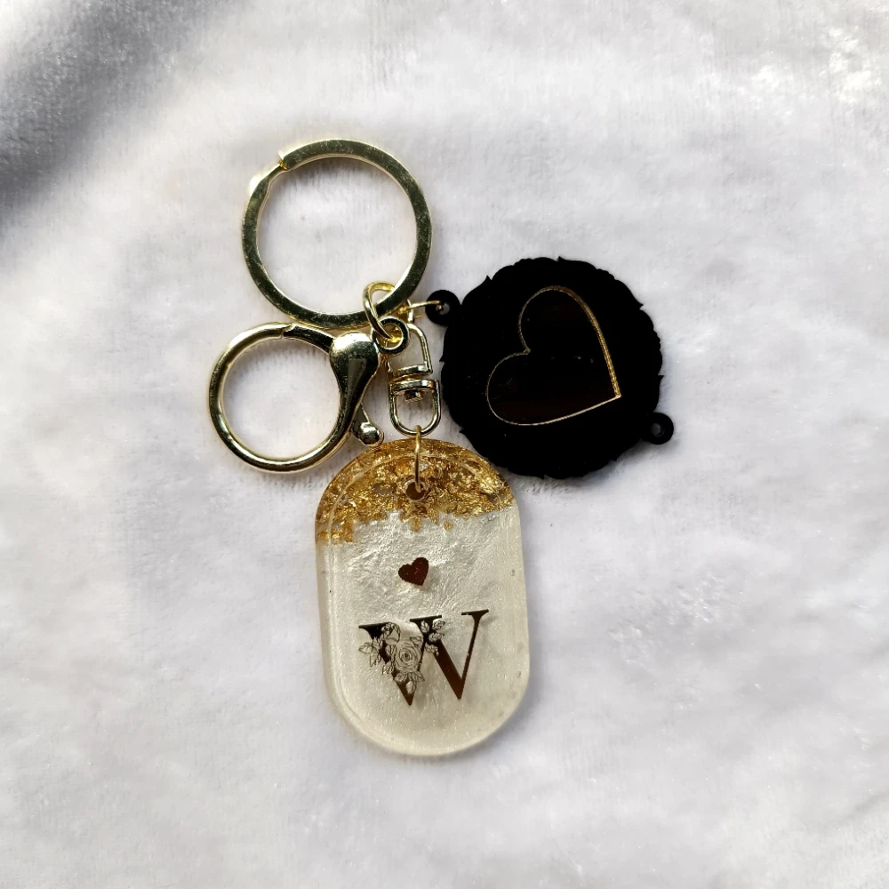 Custom Alphabet Resin Keychain with Black Heart Charm and Gold Foil